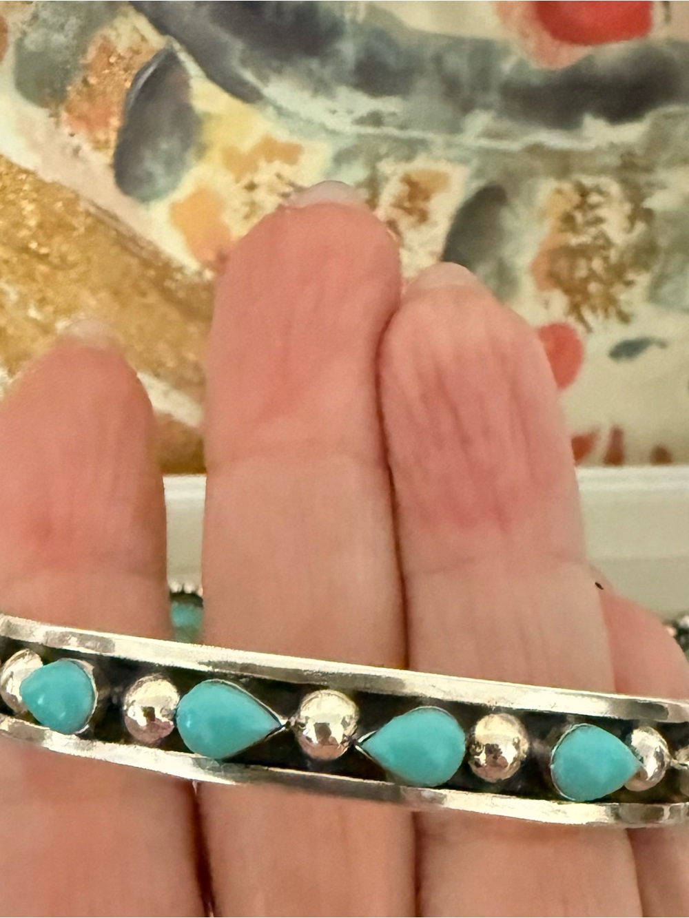 Genuine Turquoise Sterling Silver Teardrop Cuff Bracelet - Women Jewelry - Picture 5 of 6